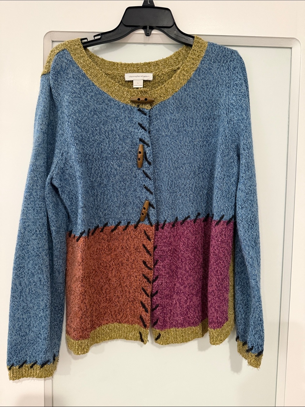 Christopher & Banks Colorblock Toggle Cardigan - Blue, Rust & Magenta- large